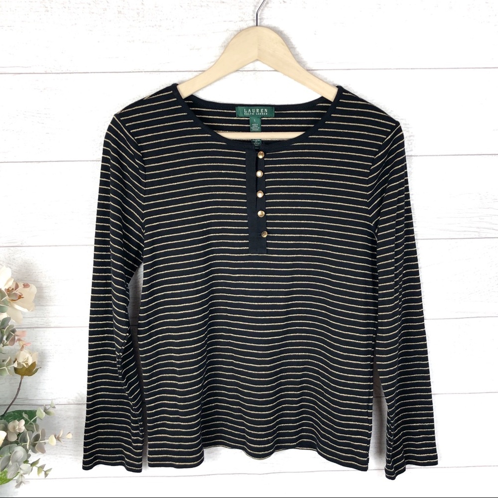 LAUREN RALPH LAUREN Black & Gold Tee Shirt Top